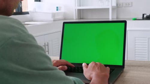 Rear View Caucasian Man Use Computer Male Hands Keyboarding Texting Laptop Green Screen Chroma Key