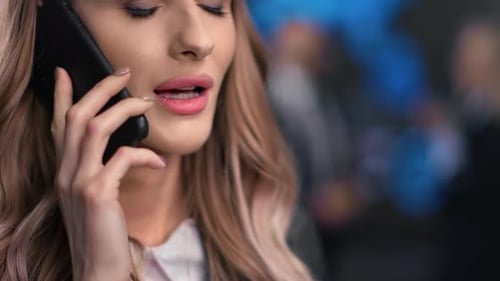 Closeup Business Woman Mouth Talking Smartphone Discussing Financial Profit at Stock Exchange