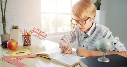 Boy Reading a Book at His Desk