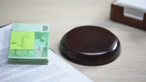 Euro With Alimony Sign Table, Gavel Striking Sound Block, Financial Obligation