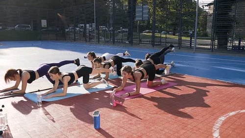 Young Women Exercising Together Outdoors on Yoga Mats