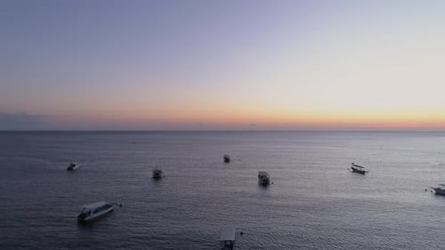 Aerial view at group of traditional boats anchored, Bali island, Indonesia.