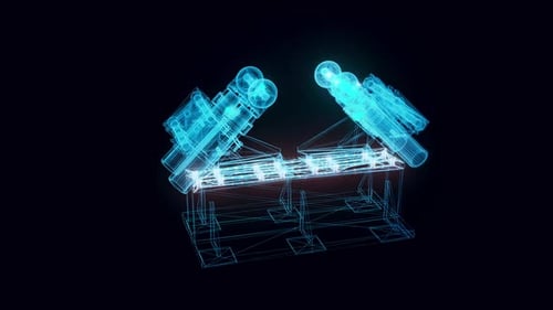 Futuristic Holographic Wireframe of Industrial Plant Structure Rotation