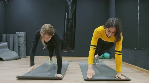 Two Young Fitness Women Doing Dynamic Planks in the Gym