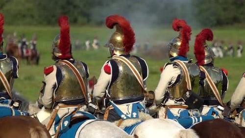 Men in Historical Military Uniforms on Horses