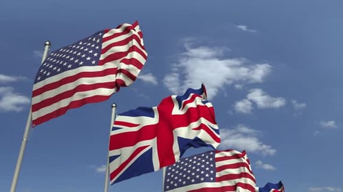 Waving Flags of United States and United Kingdom