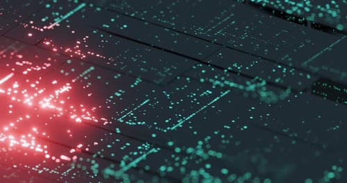 Futuristic Data Flow Animation with Red and Teal Glowing Particles