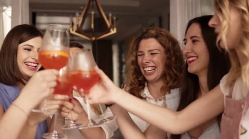 Cheerful Friends Toasting with Drinks Indoors