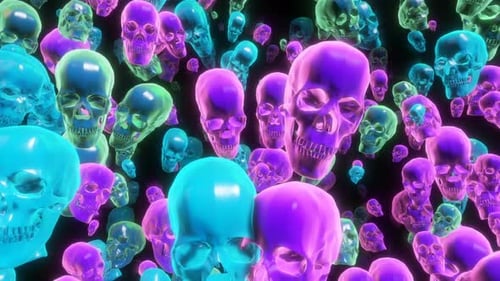 Abstract Neon Glowing Skulls Flying Loop Background
