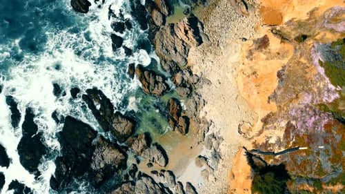 Aerial Top View Flight on the Coast of the Pacific Ocean in California