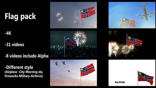 Dynamic National Flags Waving with Alpha, City, Airplanes, and Fireworks