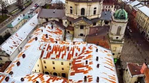 Aerial view of a drone flying over the building