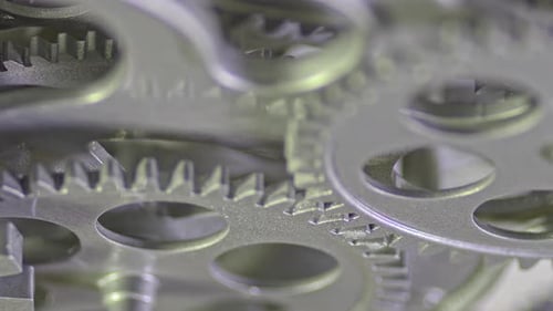 Gray Old Metallic Gears Mechanism Working Zoom Out Close Up