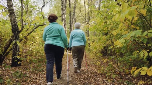 Senior Women Walking with Poles in Autumn Forest