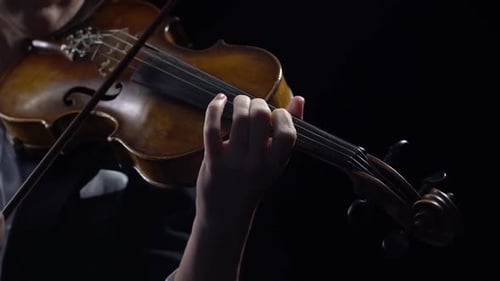 Violinist Holds a Bow and Plays. Black Background. Close Up