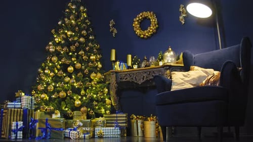 Beautiful Christmas Tree with Gifts in Cozy Home