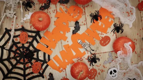 Spooky Halloween. Halloween symbols, scary face, skeleton and pumpkins.