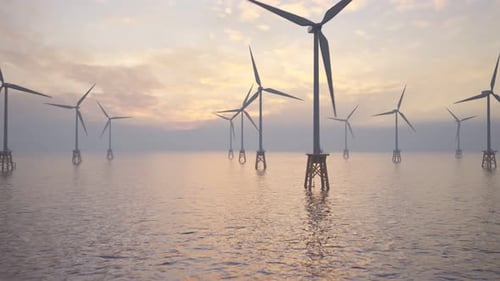 Offshore Wind Farm with Rotating Turbines at Sunset