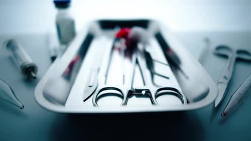 Medical Instruments in Steel Tray on Table for Surgery
