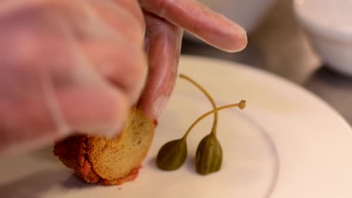 Chef Prepares Gourmet Beef Tartar Dish, Close Up
