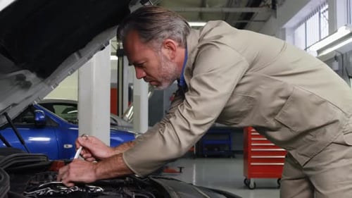 Mechanic servicing a car engine