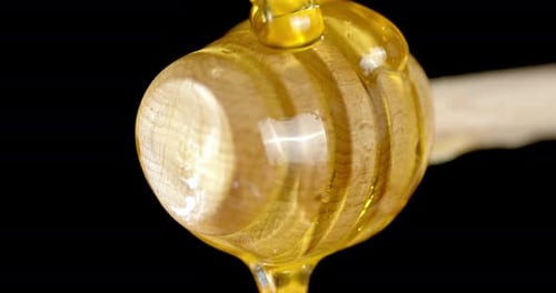 Honey Flows Down on a Wooden Spoon.