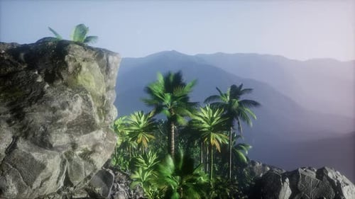 Animated Tropical Mountain Vista with Palm Trees