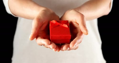 Close-up of hand holding small red gift box 4k