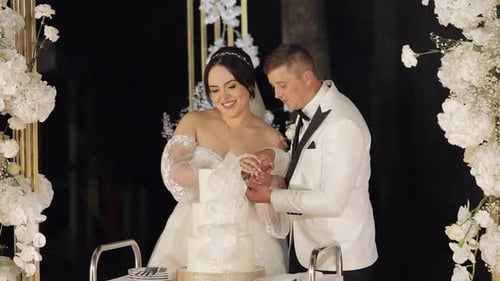 Romantic Couple Cutting Wedding Cake at Reception
