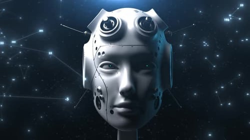 Digital AI Robot Head with Futuristic Data Network
