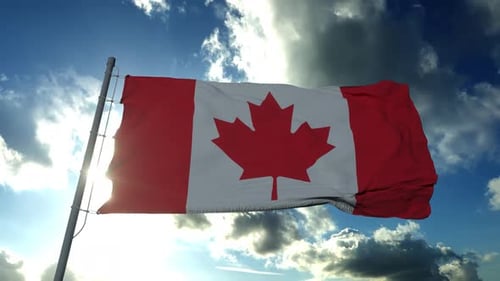 Realistic Canadian Flag Waving in Sunny Blue Sky