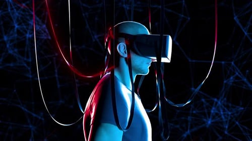 Futuristic VR Headset User Immersed in Digital Network Animation