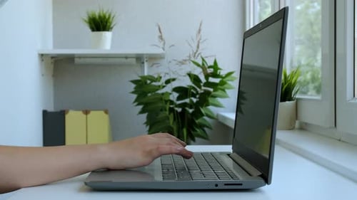 Freelancerin, die zu Hause am Laptop arbeitet, trinkt Kaffee oder Tee aus einer Tasse