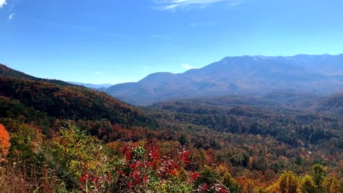 Camera pan across colorful autumn foliage on the mountaintops.