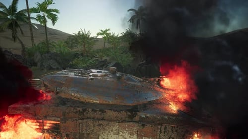 Burned Tank in the Desert at Sunset