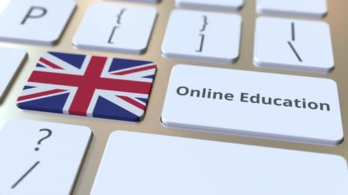 Online Education Text and Flag of Great Britain on the Buttons