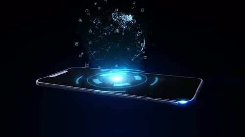 Futuristic Phone Displaying Holographic Global Network Data
