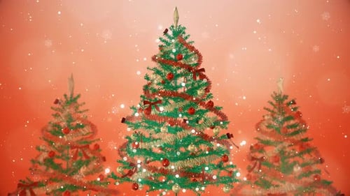 Animated Christmas Trees with Twinkling Lights and Falling Snow Background