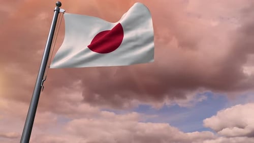 Waving Flag of Japan Against a Cloudy Sky