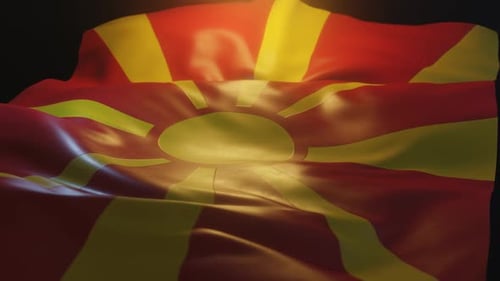Realistic North Macedonia Flag Waving on Black Background
