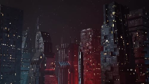Futuristic, Dystopian Sci-Fi City at Night Establishing Shot
