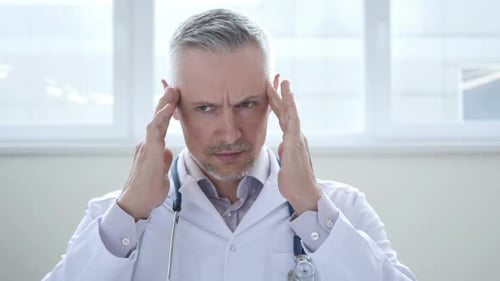 Stressed Doctor Rubbing Temples in Hospital Setting