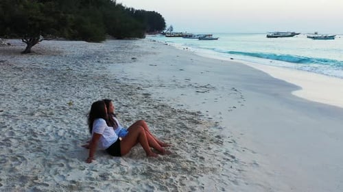 Beautiful fun women on vacation spending quality time at the beach on paradise white sand and blue 4