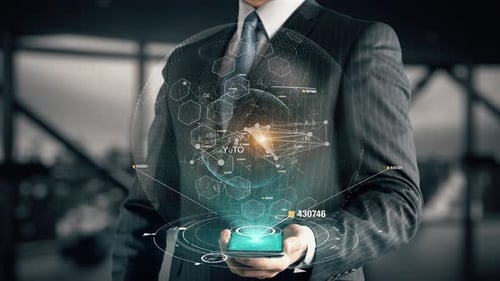 Businessman Interacting with Metaverse Investment Hologram