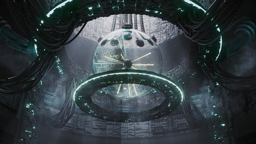 Futuristic Energy Pulsating Ball in a Round Hall with Wires and Flying Drones with Lasers