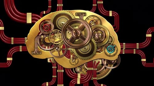 Steampunk Mechanical Brain with Rotating Gears and Pulsing Pipes