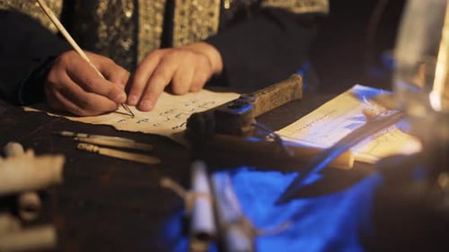 Writing with Quill Pen by Oil Lamp