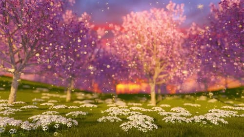 Dreamy Spring Nature Scene with Pink Cherry Blossoms and Particles