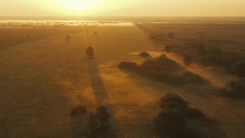 Aerial View Of Misty Autumn Field And Forest Landscape