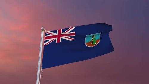 Waving Montserrat Flag in Realistic Loop with Sunset Sky